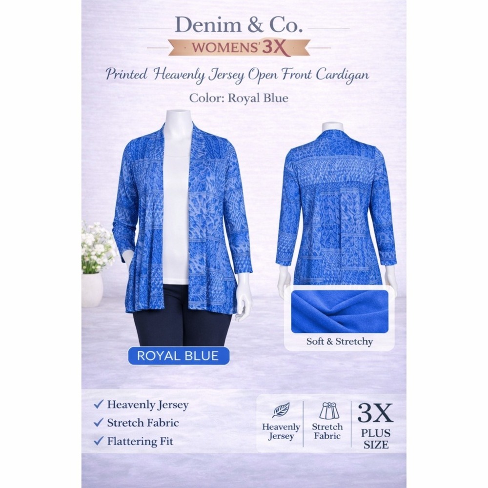 Denim & Co Womens 3X Royal‎ Blue Printed Jersey Open Front Cardigan A271578